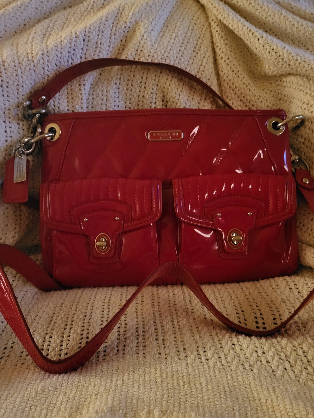 Coach Red Patent Quilted Shoulder Bag with Front Pockets